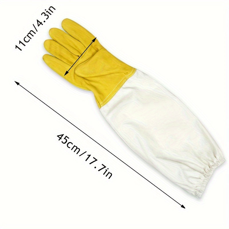 Beekeeping gloves with durable goatskin faux leather, ventilated long sleeves, elastic cuffs, and yellow palm protection