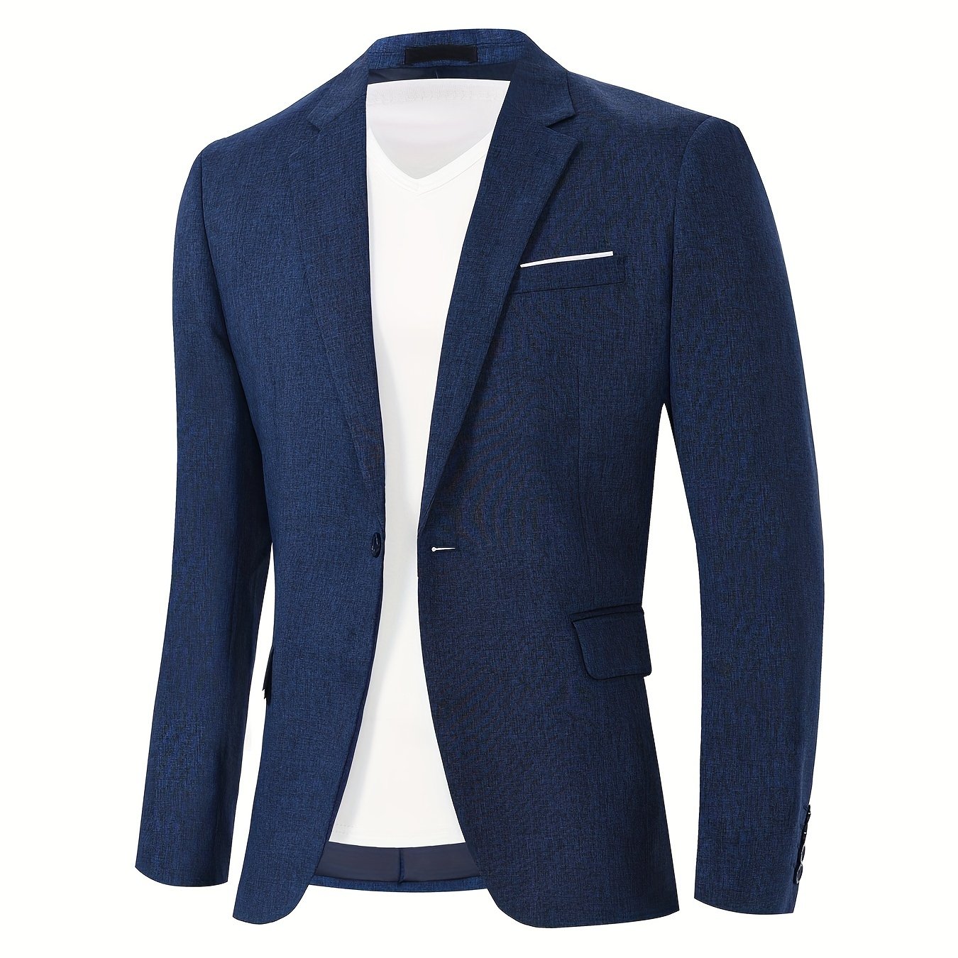 Men's casual business blazer with lapel collar, suit sleeve, and pocket details in solid color polyester. Regular fit with single button closure, suitable for all seasons and weekend casual