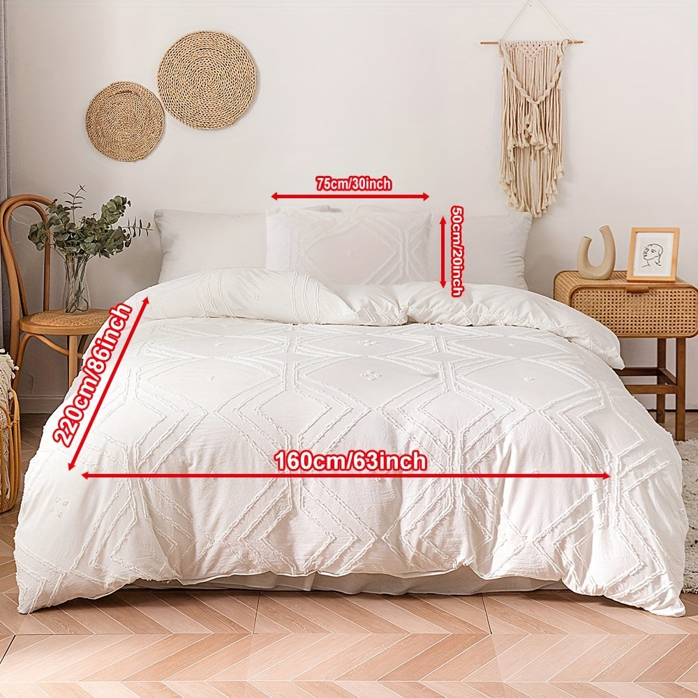 Boho Tufted Duvet Cover Set 1 ta Duvet Cover va 1 yoki 2 ta Yostiq qopqog'ini o'z ichiga oladi (Yadro kiritilmagan). Geometrik Tekstura dizayni va Zipper yopilishi bilan ta'minlangan, bu Yumshoq va Yengil to'shak to'plami barcha fasllar uchun mukammaldir.