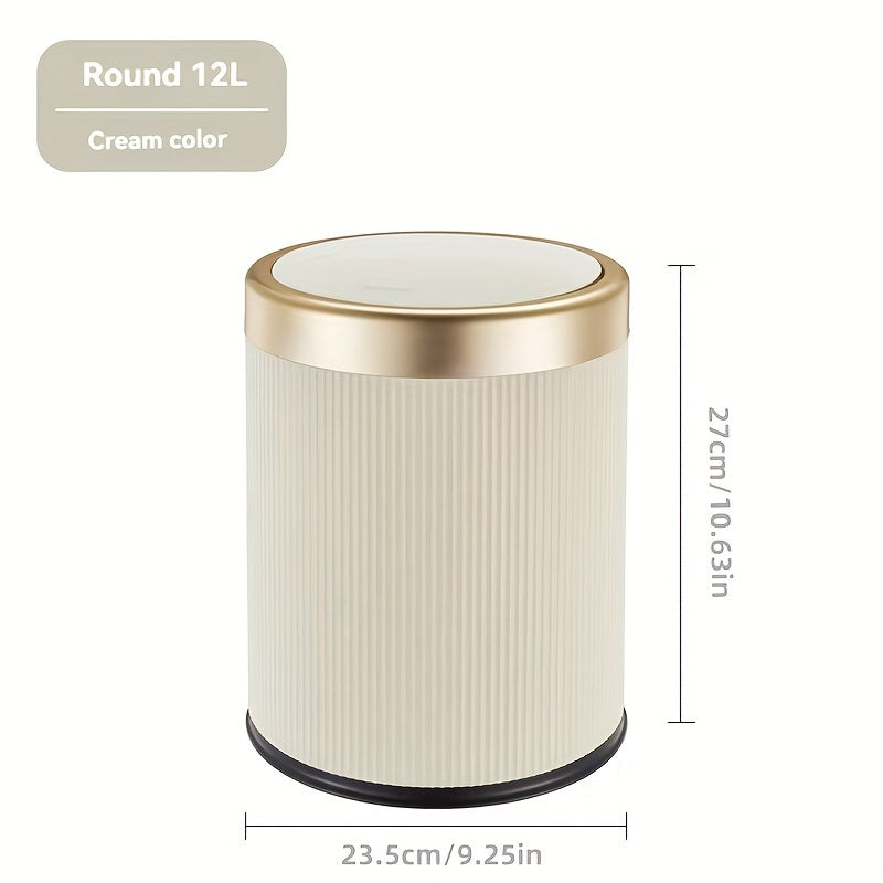 Cylindrical covered trash can for kitchen, bedroom, and living room with manual lifting lid.