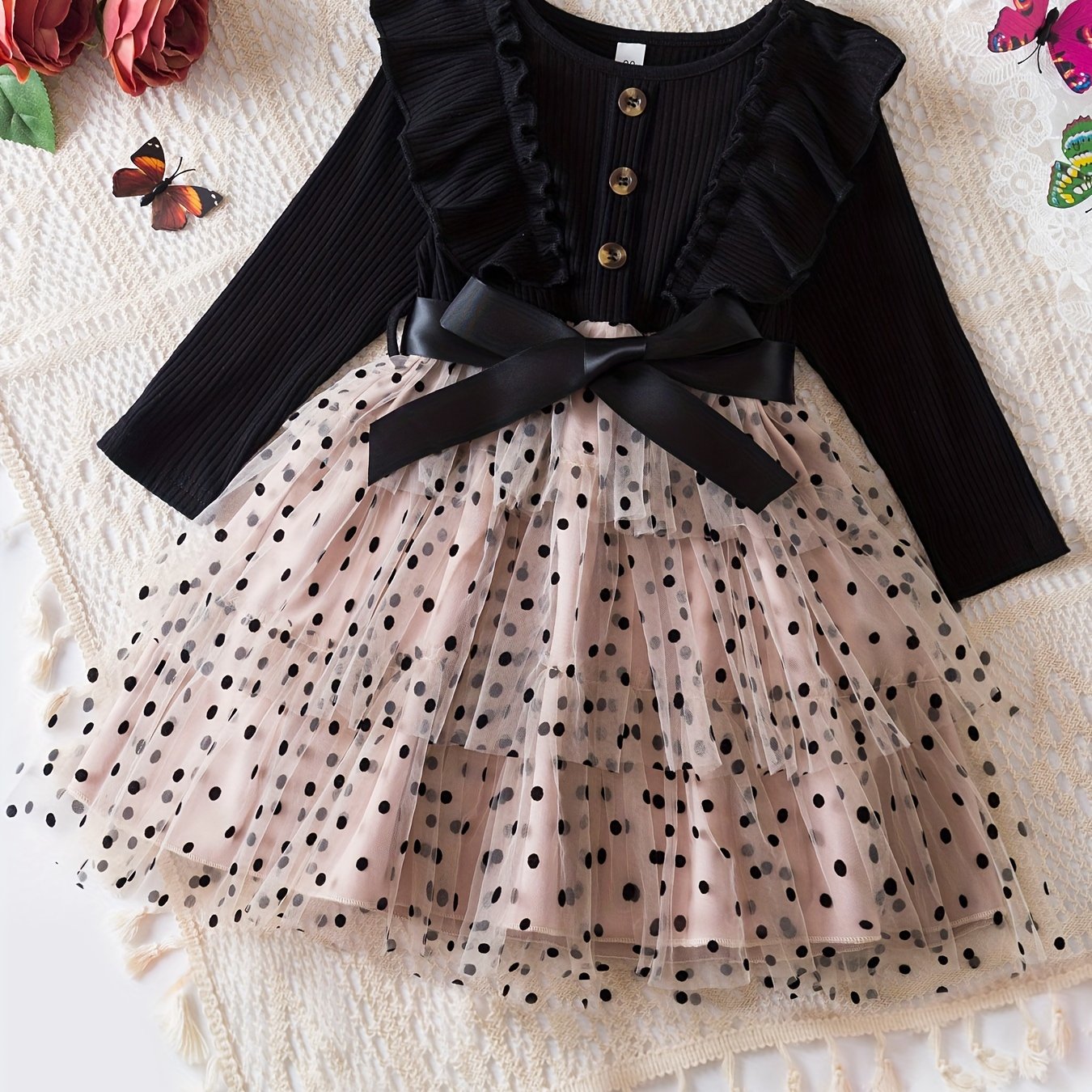 Kids' Summer Polka Dot Tulle Princess Dress, A-Line Fairy Style with Button Accents, 65% Polyester Non-Stretch Fabric