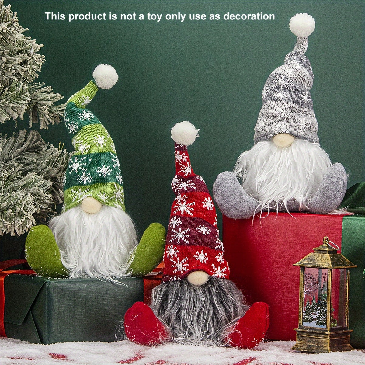 Christmas scene with an old man sitting in a snowflake hat and mustache, surrounded by props and decorations on Christmas Eve.