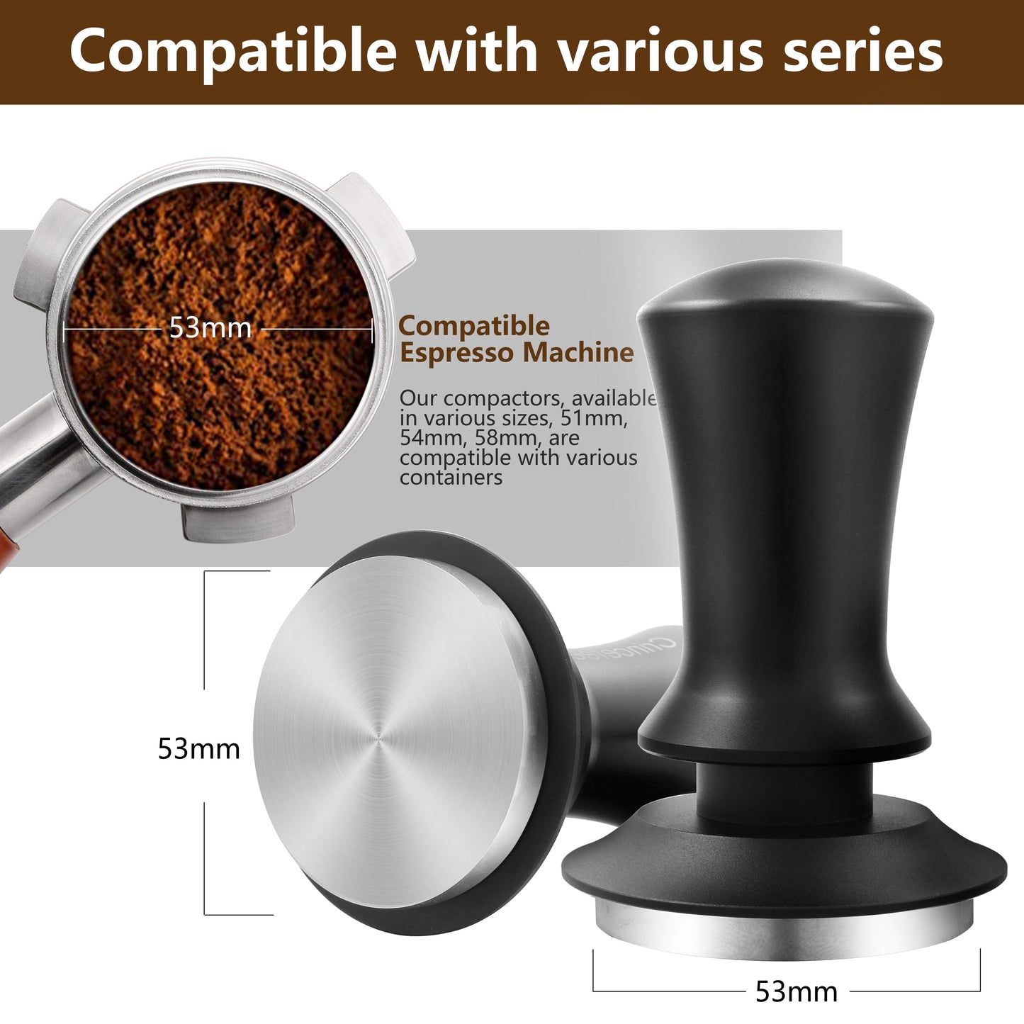 Espresso Tamper Set includes 51/53/58mm sizes, designed for professional baristas. Features spring loaded mechanism and stainless steel base compatible with Rancilio, Gaggia espresso machines.