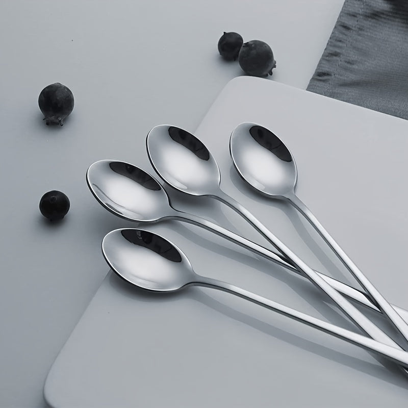 Set of 8 long-handle stainless steel spoons for stirring and mixing various beverages.