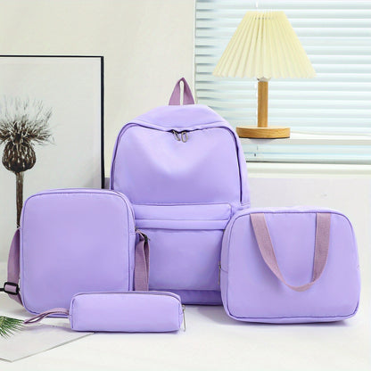 Set of 4 backpacks, cross body bag, handbag, and pen bag in classic solid colors. Suitable for both women and men for casual travel with large capacity. Ideal for schoolgirls and students