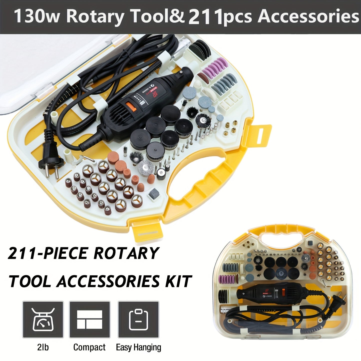 Rotary tool kit with 5 speed adjustments and 218 accessories for various projects.