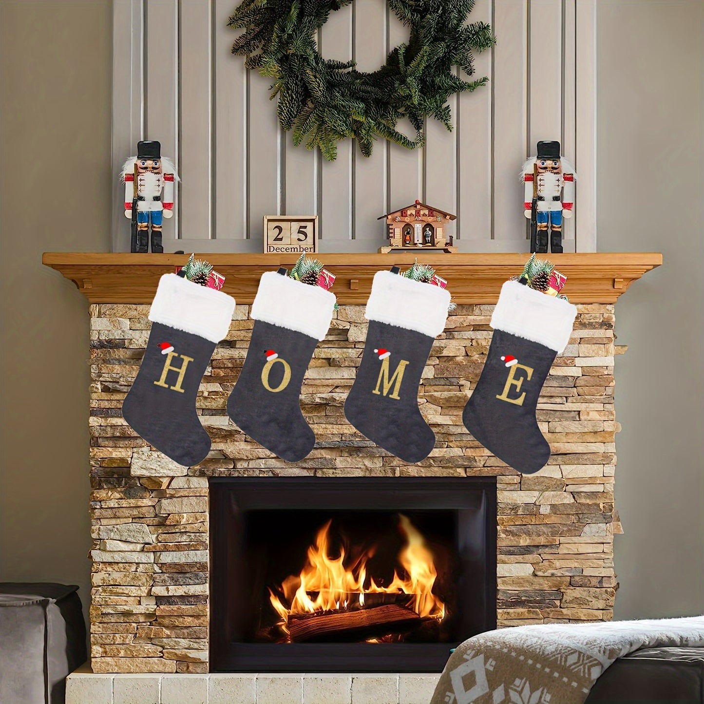 Modern Christmas stocking featuring 'HOME' embroidery in grey and white, made of polyester flannel, 43.18cm in length, feather-free, perfect holiday gift.