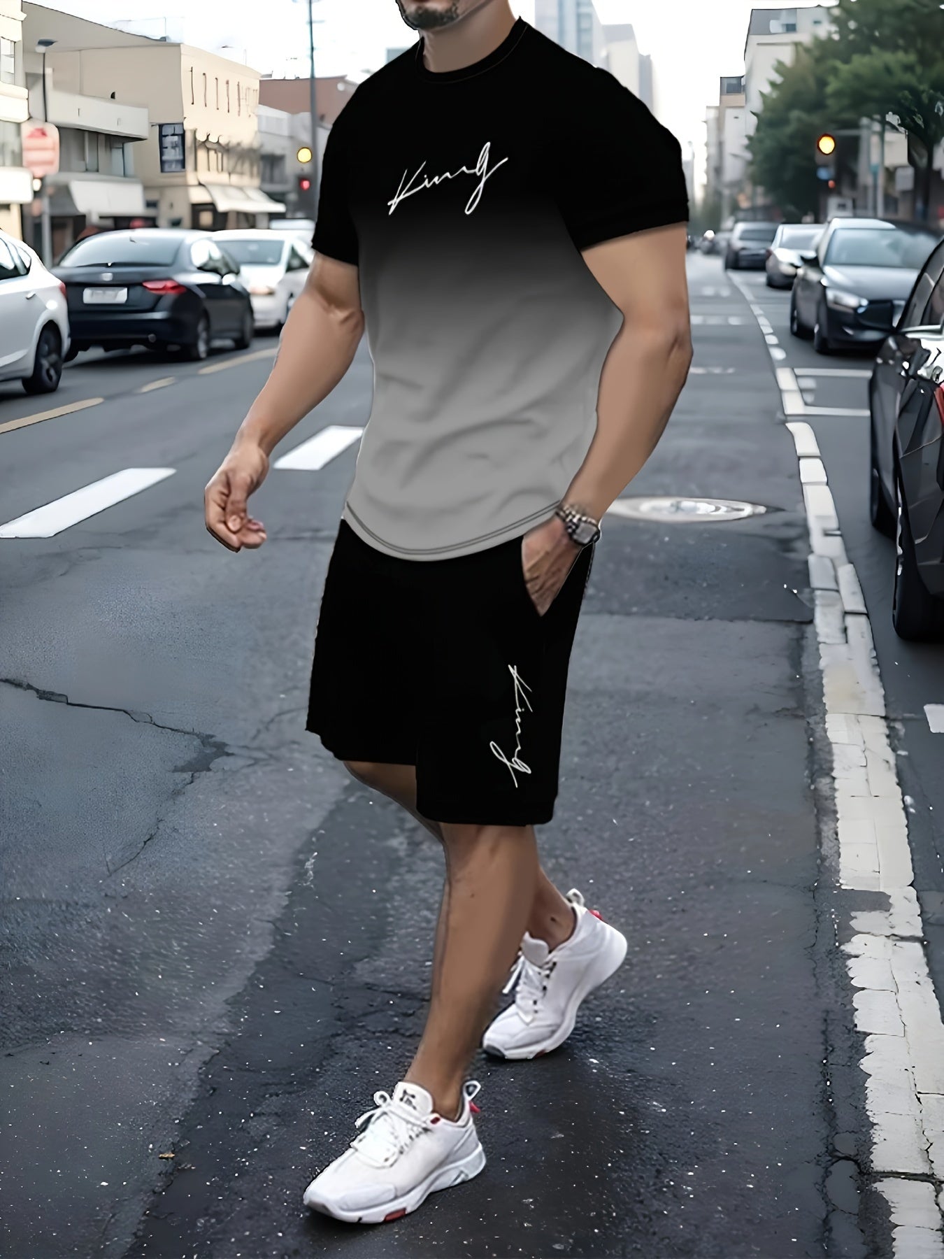 King Signature Erkaklar uchun Ikki Qismli Sport Kiyim: T-Shirt va Shortlar - Yozgi Kollektsiya - Yuqori Sifatli King Print - Erkaklar Casual Sport Kiyimlari - O'rta Sharq