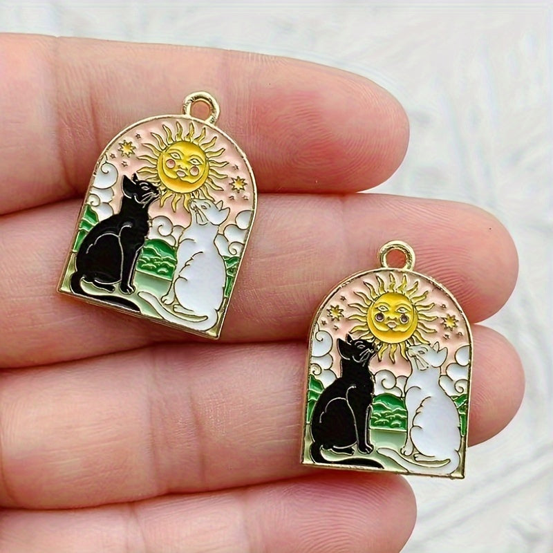 Set of 8 Sun & Moon Cat Charms - Enamel Pendants with Gold Plating for Making DIY Jewelry, Necklaces, and Earrings