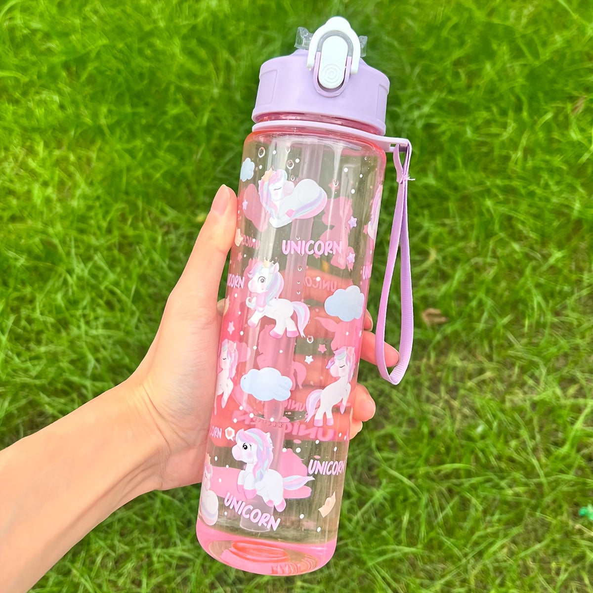 1 Cute Cartoon Print Water Bottle with Leak-Proof Flip Top, Hand Wash Only. Ideal for Outdoor Activities.