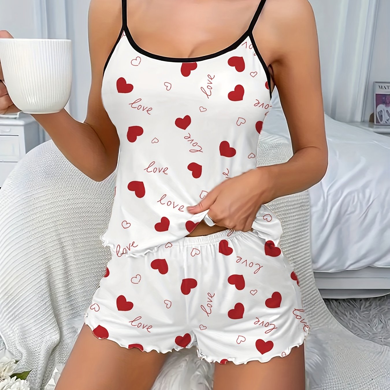 Women's Sleepwear Set with Heart Print, Frill Trim. Includes Backless Cami Top and Elastic Shorts.