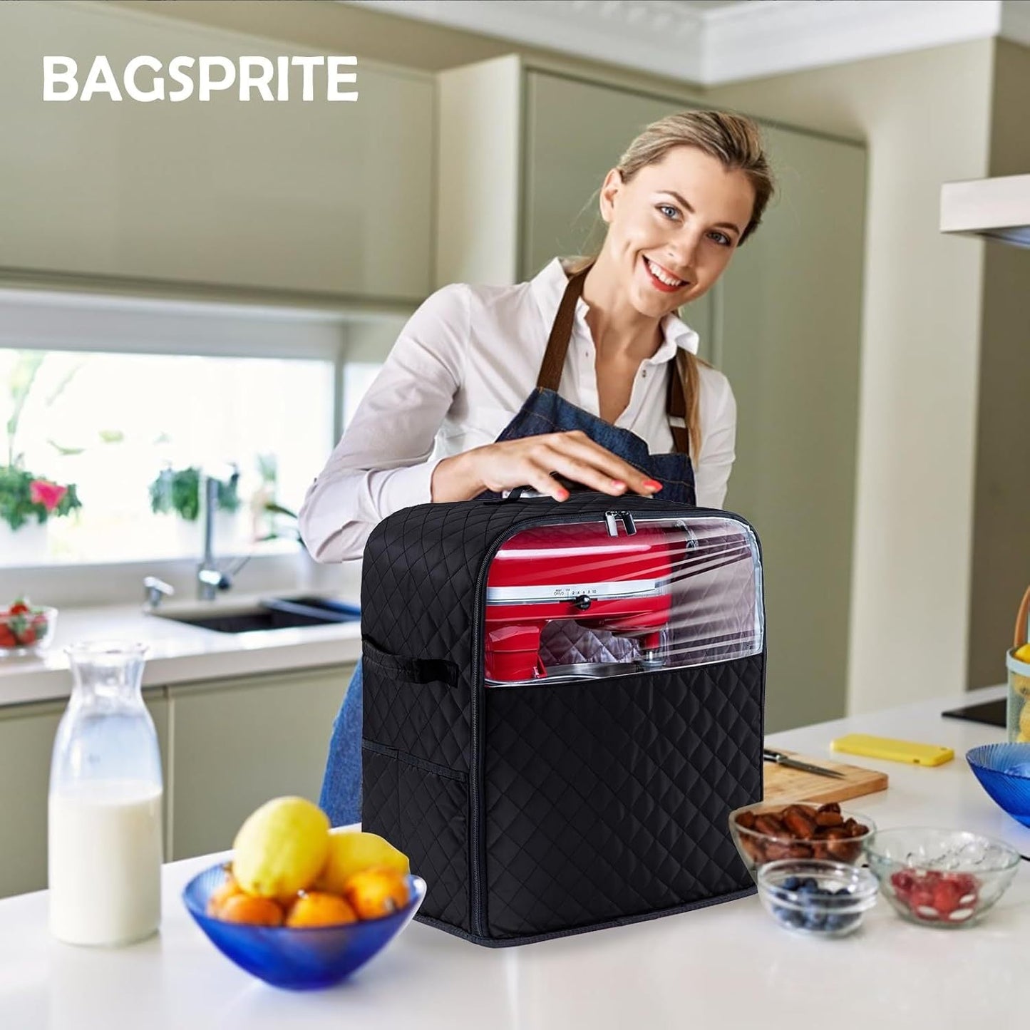 Elegant kitchen appliance brand Stand Mixer Dust Cover featuring a sleek design and slider base. Made with quilted nylon material, this storage bag is suitable for 4.5/5/6/8 Quart models. Includes pockets for accessories, appliance sliders, and