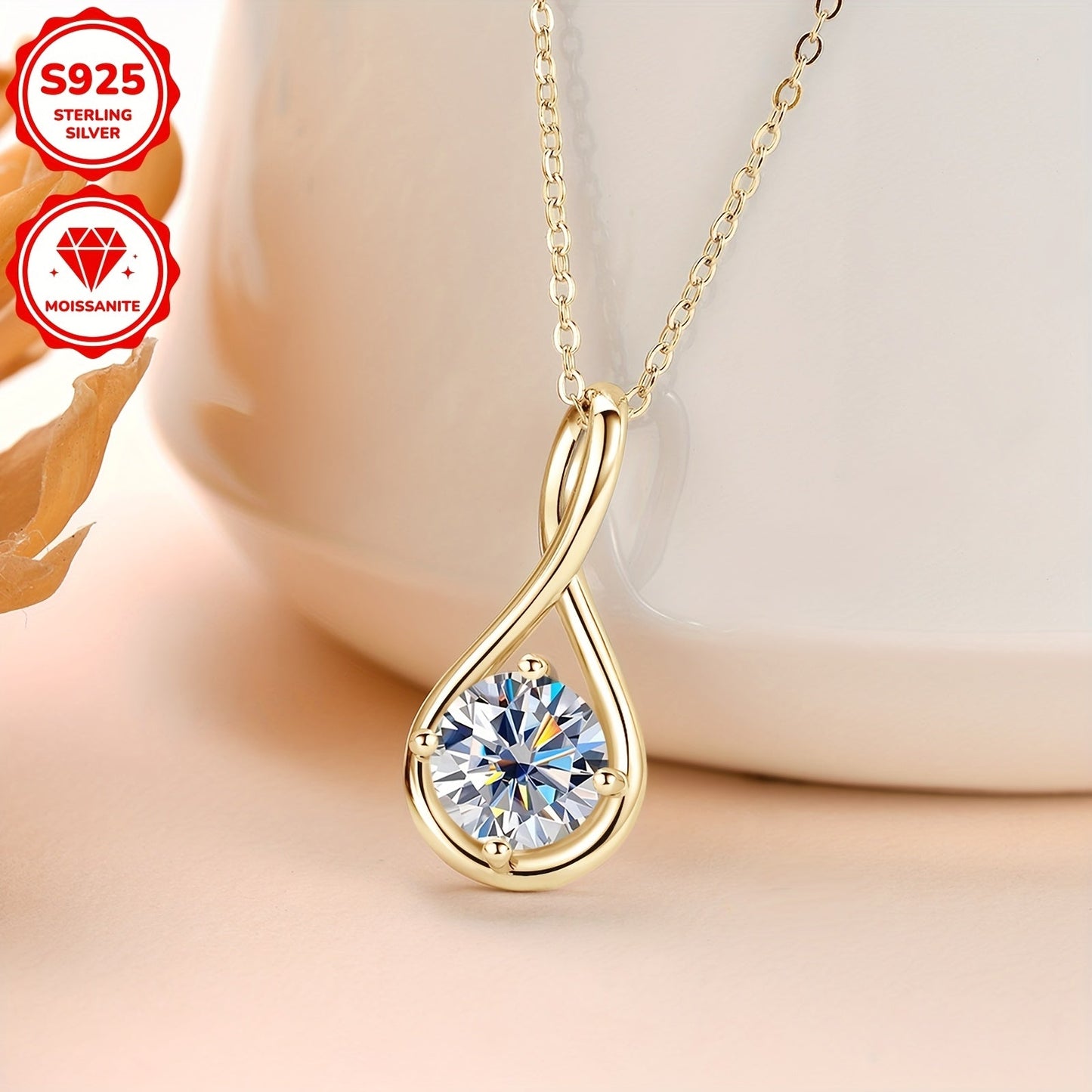 Elegant 14K Gold Plated 925 Sterling Silver Moissanite Pendant Necklace featuring a 8mm D Color Infinity Theme Synthetic Stone. This simple vacation style jewelry has a total weight of 2 carats and comes with a 20-inch chain. Perfect for weddings