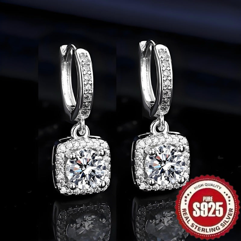 1 Pair of S925 Sterling Silver Square Pendant with Synthetic Zirconia, Retro and Elegant Design.