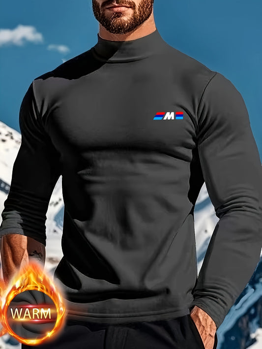 Men's high-neck thermal top with letter M design, slim fit. Made of polyester and spandex with glossy texture, suitable for outdoor sports and casual wear.