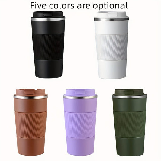 Stainless steel travel mug, available in 12.85oz or 17.25oz sizes. Features vacuum insulation for keeping drinks hot or cold, spill-proof leakproof lid, and double-walled design. Perfect for coffee, tea, or beer on-the-go. Reusable and durable.