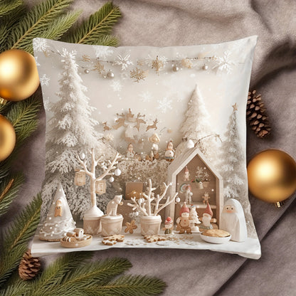 Contemporary style 1pc throw pillow cover with snowy trees and festive snowmen pattern, made of 100% polyester woven fabric. Digital print on single-sided, with zip closure. Hand wash only. Versatile room decor, 43.18x43.18 cm. (Insert not included)