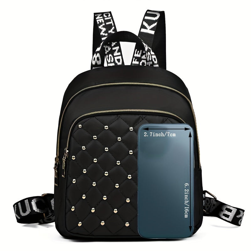 Stylish nylon backpack with rhinestone embellishments, lightweight, tassel detail, adjustable straps, and polyester lining. Suitable for daily commute or fashionable travel for women 15