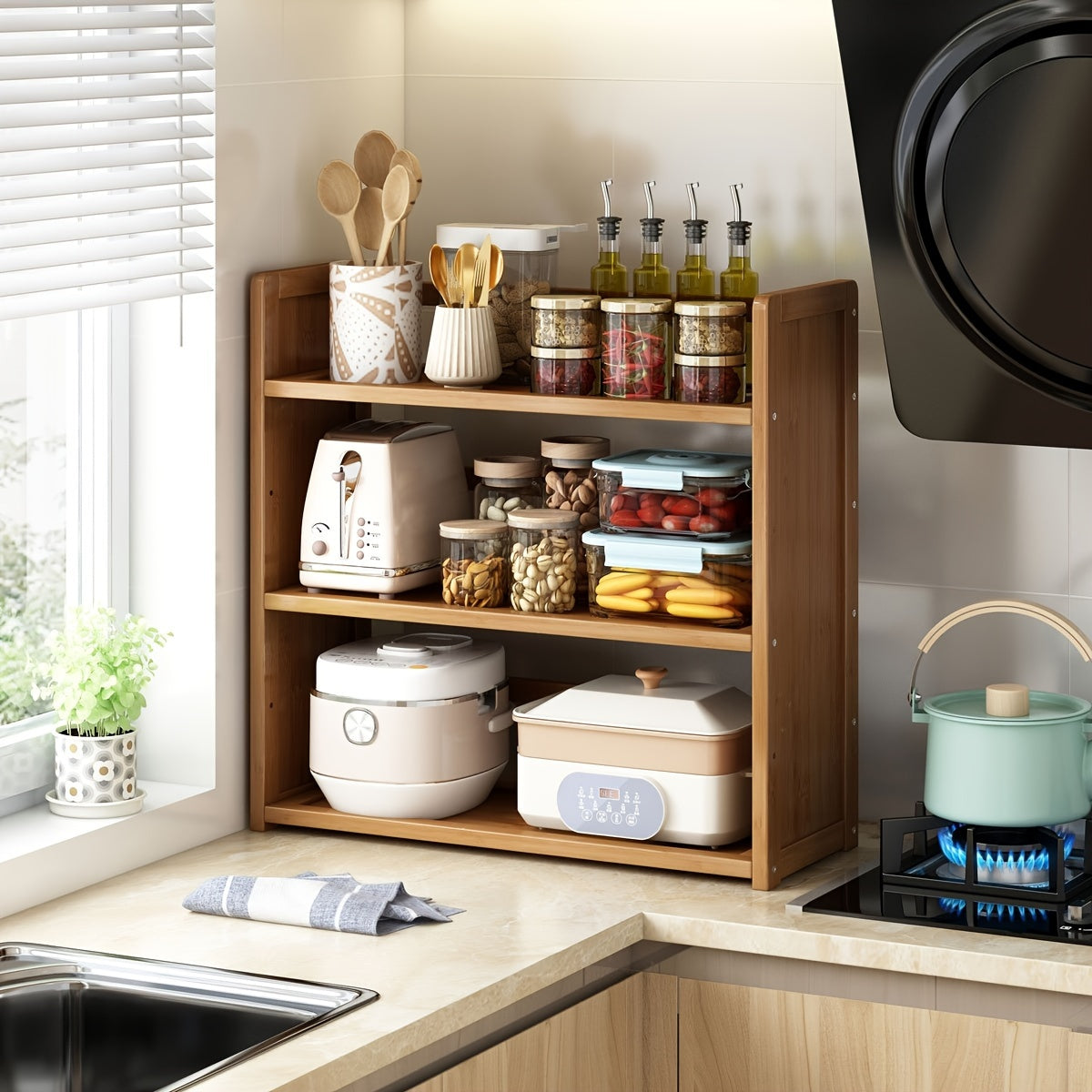 Large freestanding organizer made of brown hardwood, designed with open shelves for kitchen storage. Easy assembly with no power needed, perfect for home and kitchen use.