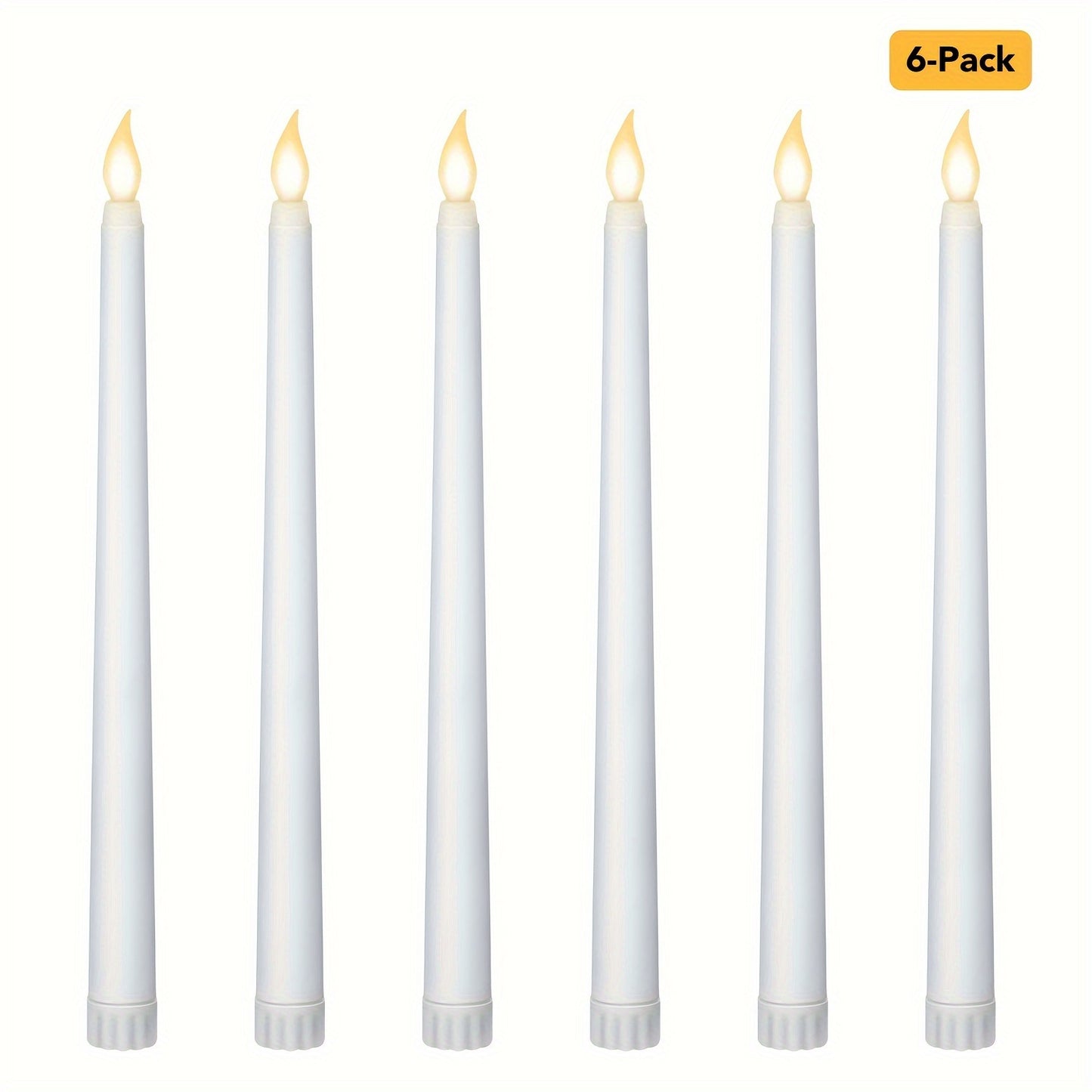 Battery operated flickering LED taper candles in a 6-pack for indoor seasonal celebrations. Plastic jars with switchable AAA battery operation (batteries not included).