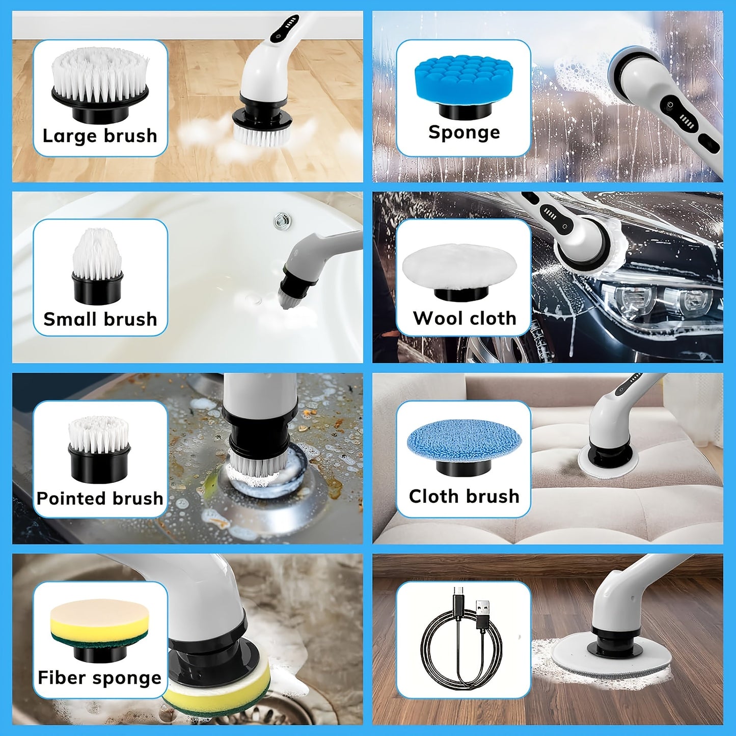 Introducing the compact and powerful Electric Cleaning Brush with Rotating Floor Washing capabilities. This wireless device comes with 7 interchangeable brush heads and an adjustable extended handle for versatile cleaning. Perfect for bathrooms