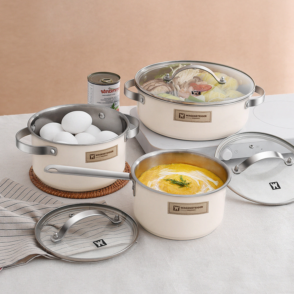 Set of 3 WAGENSTEIGER Stainless Steel Cookware featuring Ceramic Finish - includes Saucepan, Hot Pot, and Soup Pot with Thickened Composite Base. Suitable for use on Induction & Electric Stoves, adding an Elegant Touch to your Kitchen Decor.