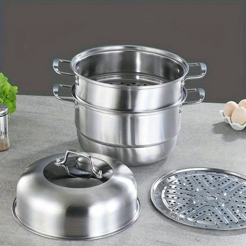 Stainless Steel Steamer Pot with Composite Bottom - Durable, Versatile 3-Tier Design for Induction Cooktops, Great for Home and Professional Kitchens