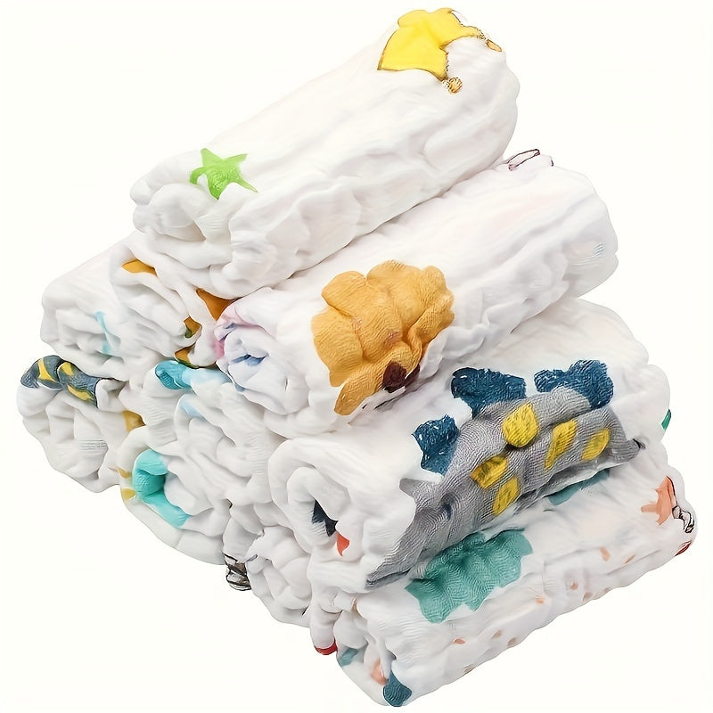 10-Pack of 25x25cm Cotton Baby Burp Cloths with Quick Absorbent Multilayer Printed Muslin Towels in Random Patterns, White Color, Ideal for Home and Travel Use. Can be Used as Infant Bath Towels and are Washable.