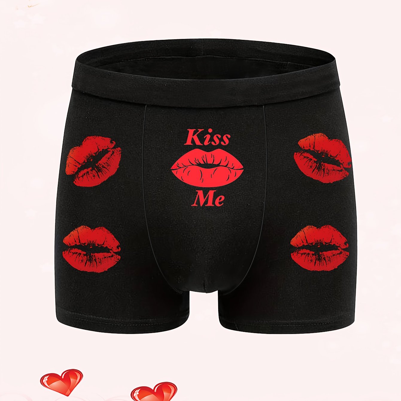 Men's black boxer shorts with red lips and print letter patterns for Valentine's Day, comfortable and stretchy.