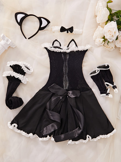 Sexy maid cosplay costume including frill-trimmed lace dress, gloves, stockings, choker, and headband.