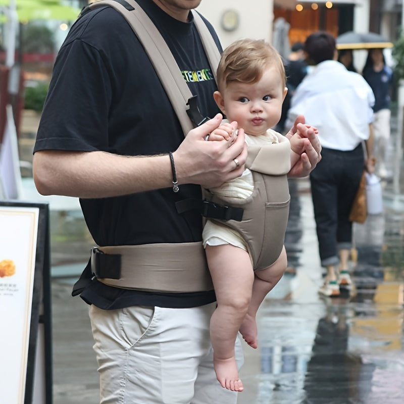 Foldable pad carrier for infants with dual-shoulder straps and thickened waist protection.