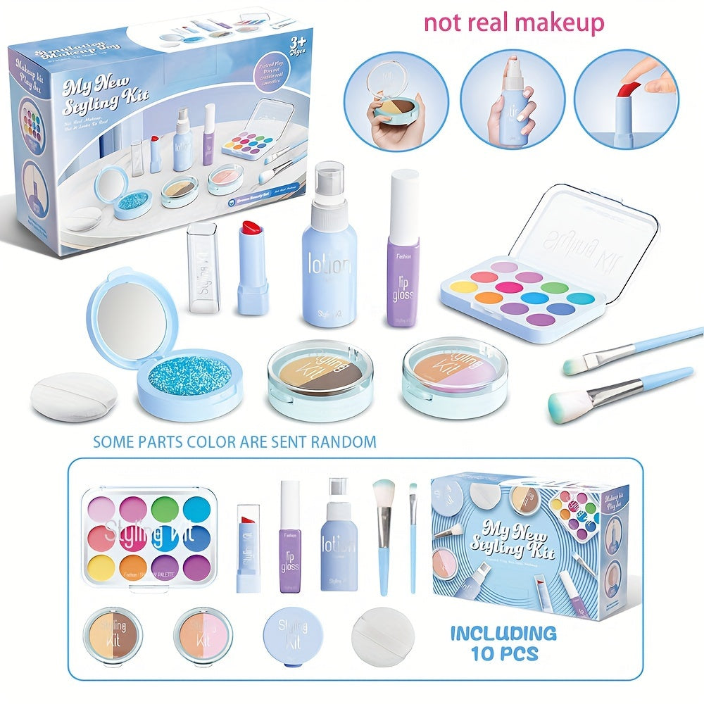 Children's pretend makeup set with 10pcs including mirror, eye shadow palette, lipstick, and powder compact. Perfect for birthday parties and makeovers. Ideal gift for little girls