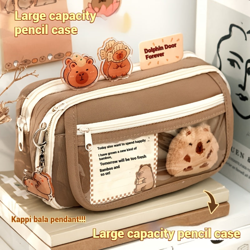 6-piece Capybara pencil case set with zipper, includes canvas bag, transparent storage box with compartment, doll, stickers, clips, and notepad.