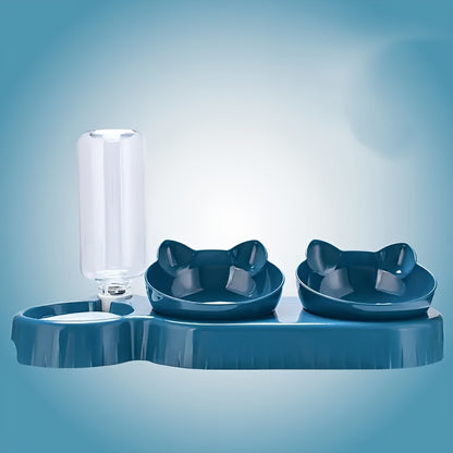 Automatic pet feeder with tilted design and gravity water bottle for neck protection - ideal for dogs and cats.