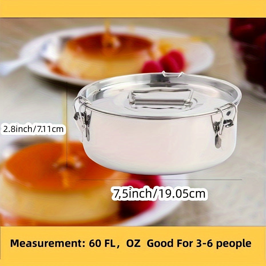 Essential stainless steel flan mold with lid, handle, and 1.5QT capacity. Perfect for baking chocolate, cupcakes, and pudding on the go.