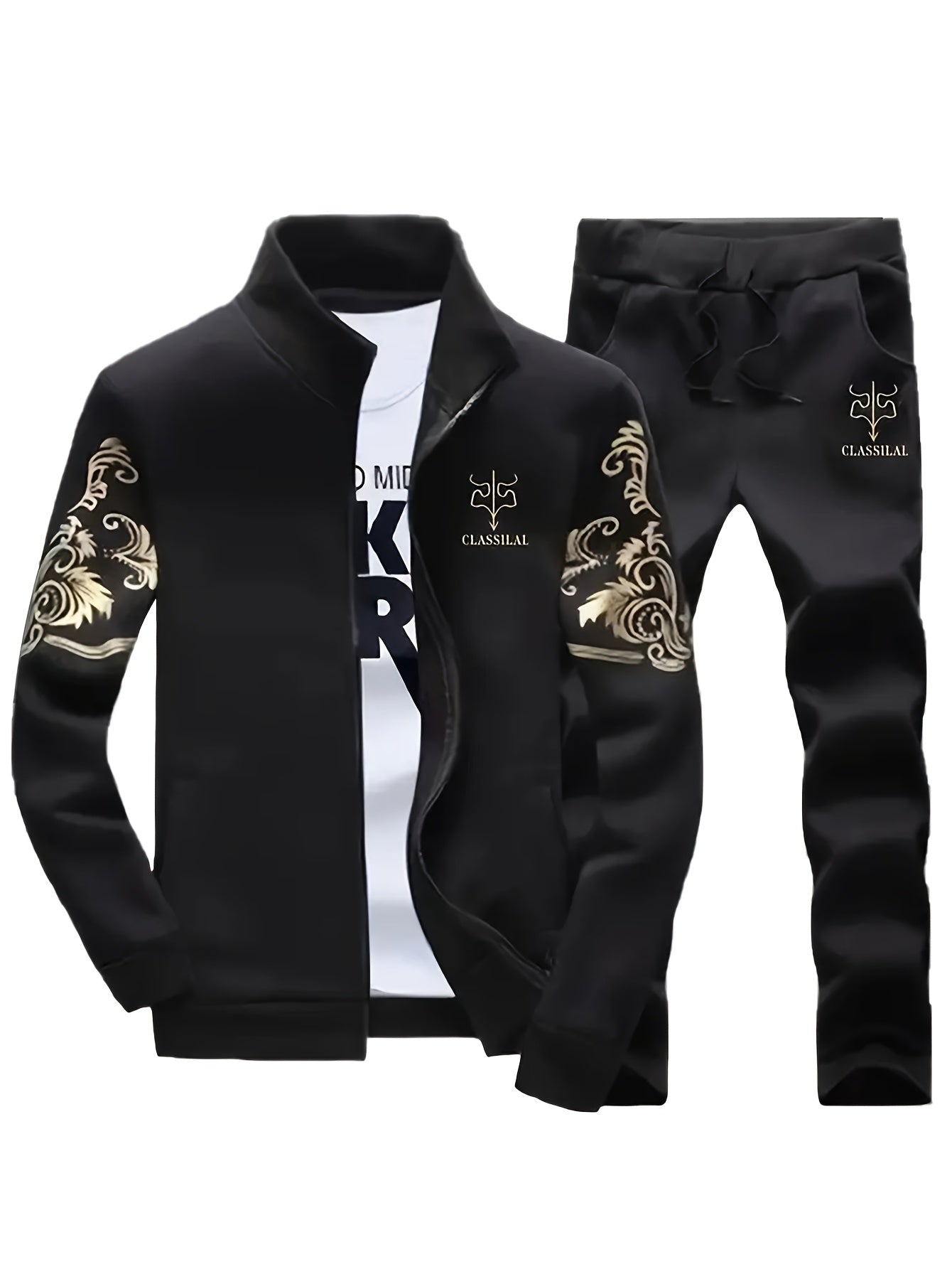 Men's Casual Sportswear Set: Knit Polyester, Machine Washable, Stand Collar Zip-Up Jacket & Drawstring Pants with Pockets