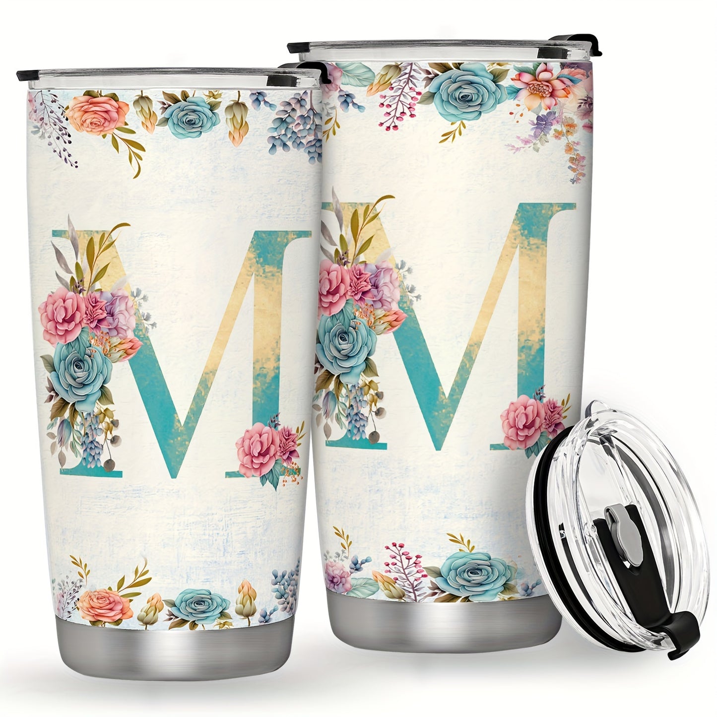 20oz Stainless Steel Tumbler with Initial Monogram, Floral Design, Leak Proof Lid, Perfect for Outdoor Activities, Great Gift for Holidays.