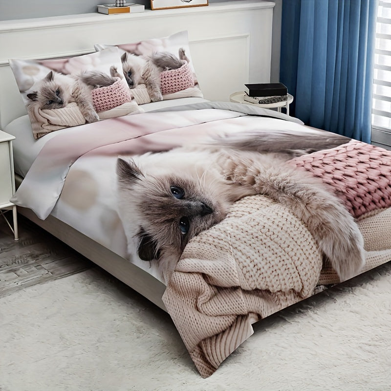 Polyester Duvet Cover Set with 3 Pieces (1 Duvet Cover and 2 Pillowcases, Core Not Included). Featuring a Stylish and Adorable 3D Cat Print, this All Season Bedding Set is both Fashionable and Comfortable. Perfect for Bedroom or Guest Room Use.