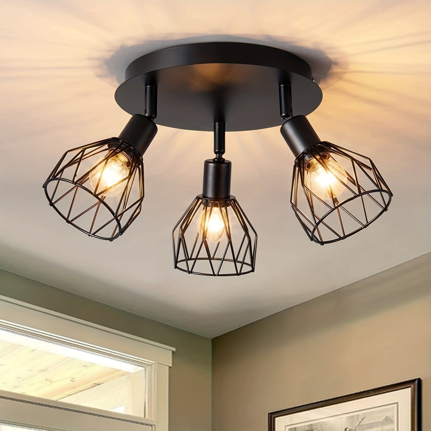 3-Light Black Metal Ceiling Fixture with Rotating Geometric Shades - Rustic Farmhouse Style, Semi-Flush Mount for Kitchens, Dining Rooms, Porches & Hallways - Bulbs Not Included, Kitchen Ceiling Light Fixtures