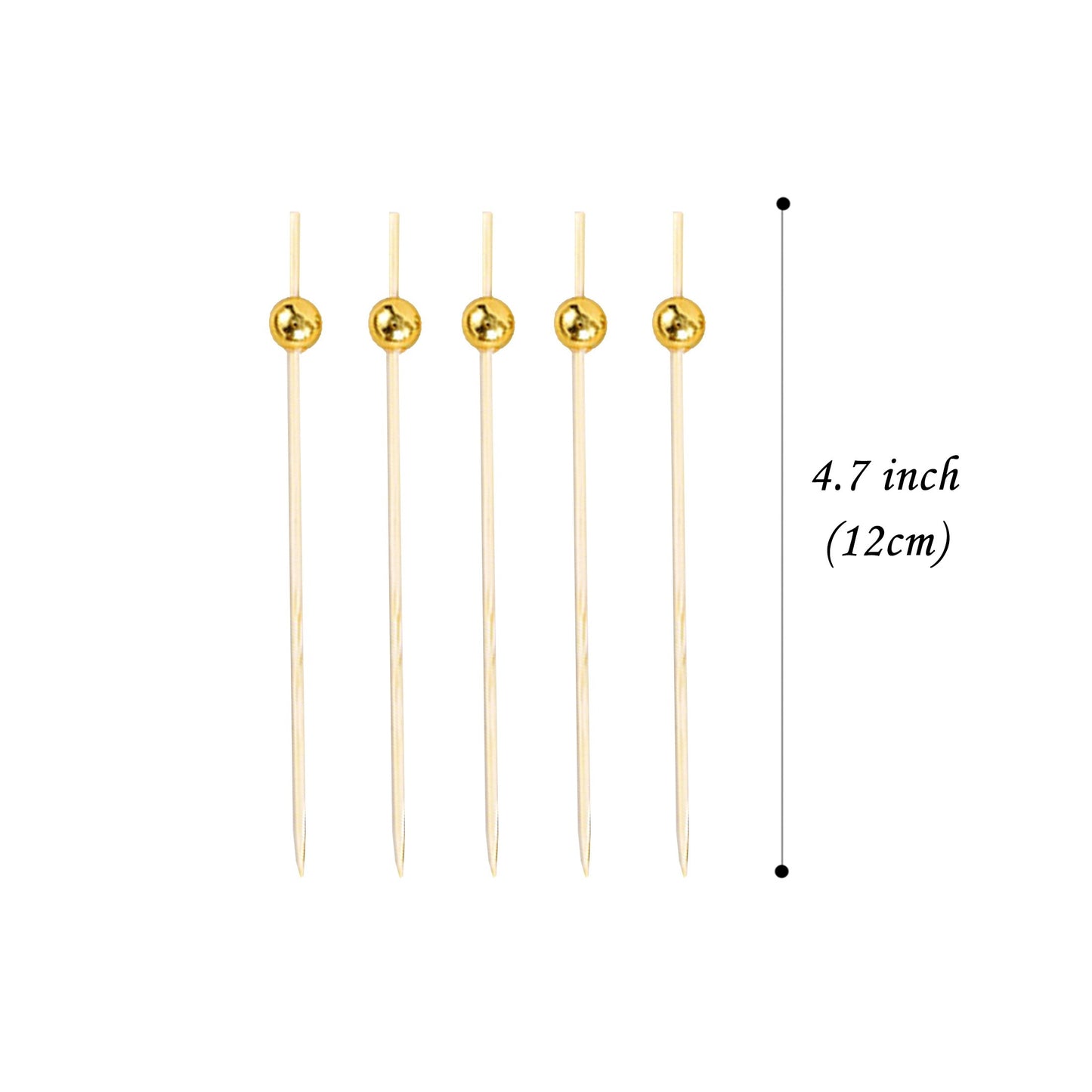 100 Golden Beads Cocktail Picks, Handmade Bamboo Skewers for Appetizers and Fruit Parties.