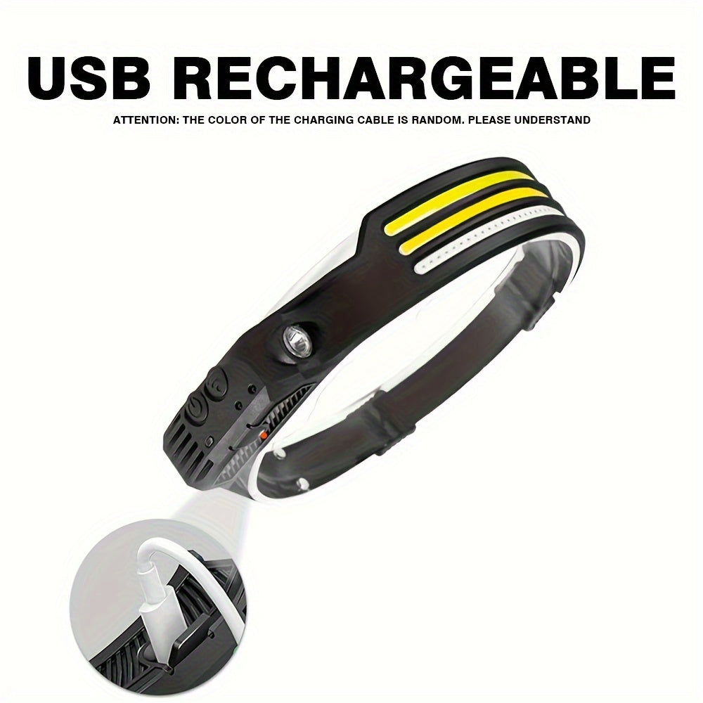 USB rechargeable headlamp with LED and COB bulbs, motion sensor, waterproof, portable, ideal for outdoor activities.