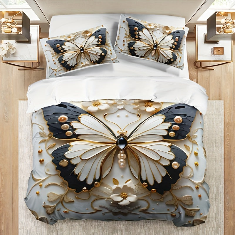 Butterfly floral duvet cover set with animal print, insect theme, and breathable polyester. Includes 1 duvet cover and 2 pillowcases. All-season and machine washable. Digital print