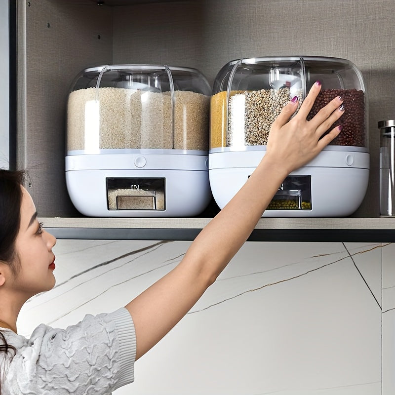 Large capacity rotating rice dispenser for storing rice, cereals, grains, flours, and pet food. Airtight, insect-proof, and space-saving kitchen organizer.