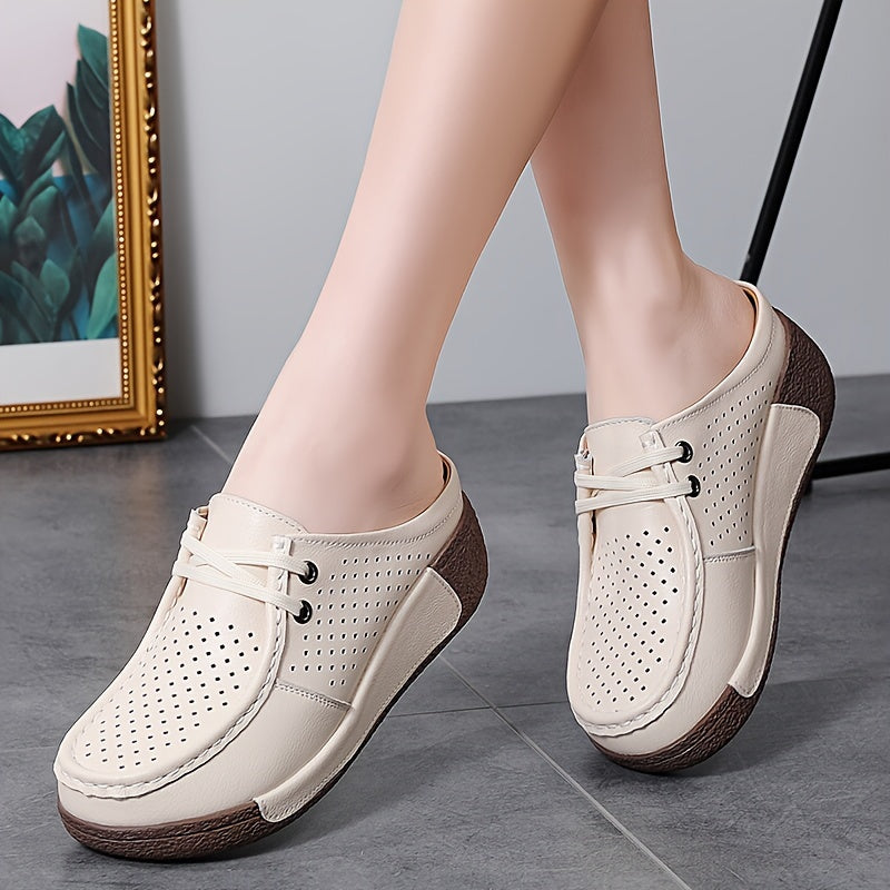 Women's Summer Slip-On Mule Shoes, Hollow-Out White Sneakers with Wedge Heel, Casual and Comfortable