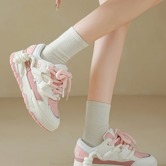 Pink chunky lace-up sneakers for women with a low-top, thick sole. Made with fabric/PU upper and rubber sole, suitable for all seasons.