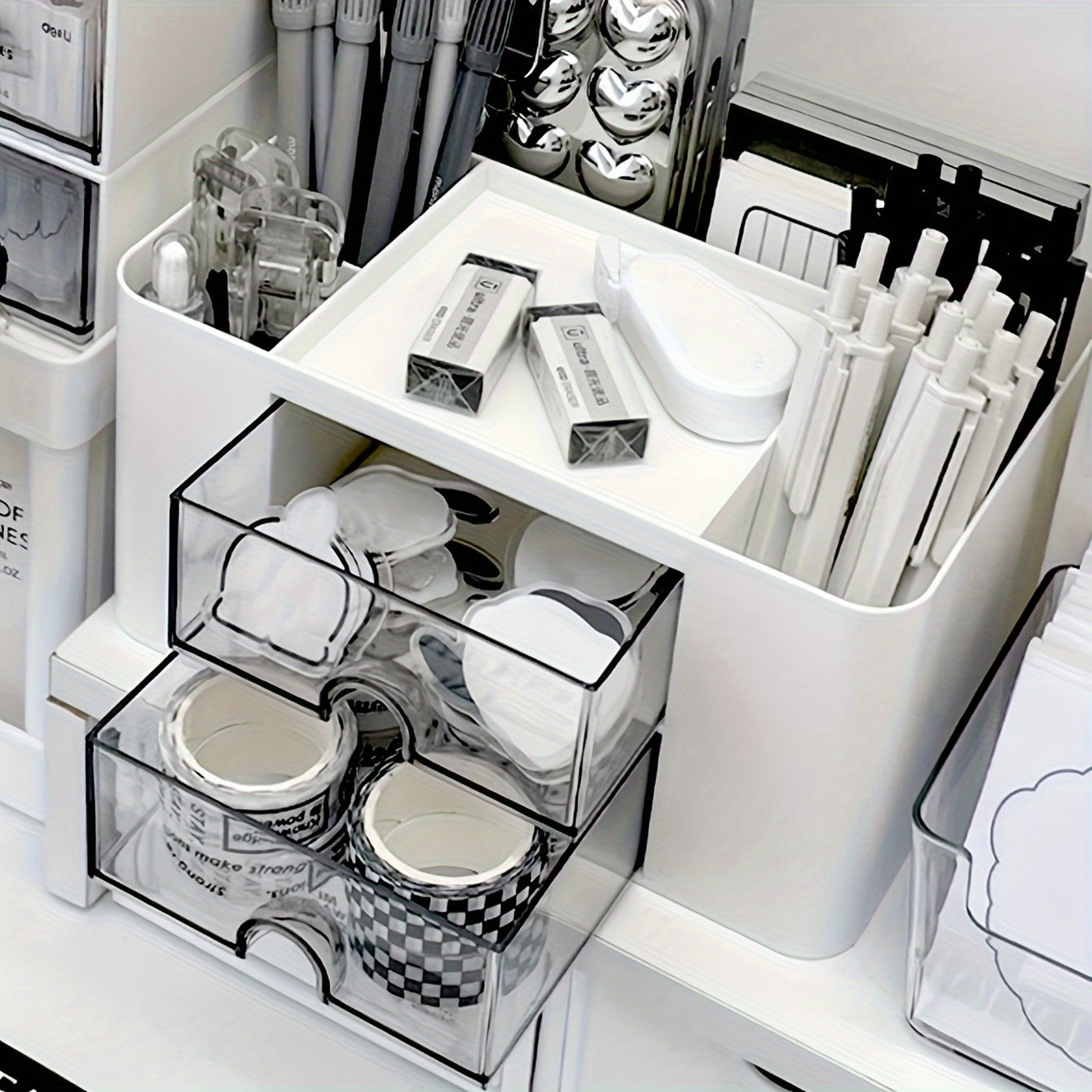 Desktop storage with drawer and pen holder, high-capacity and aesthetic, perfect for student stationery organization.