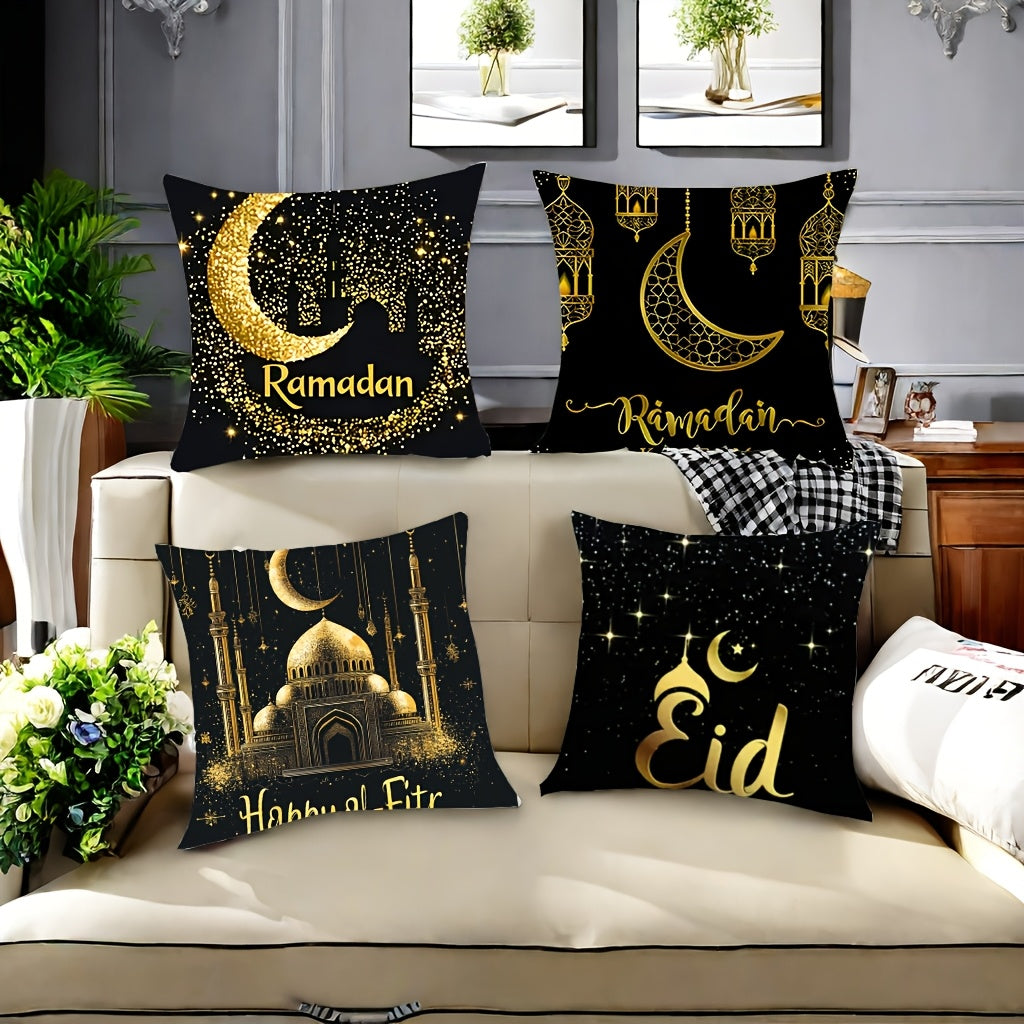 Traditional Ramadan pillowcases, set of 4, 45.01cm square, 100% polyester, machine washable, zippered covers with lantern, star, moon print for living room and bedroom decor (pillow inserts