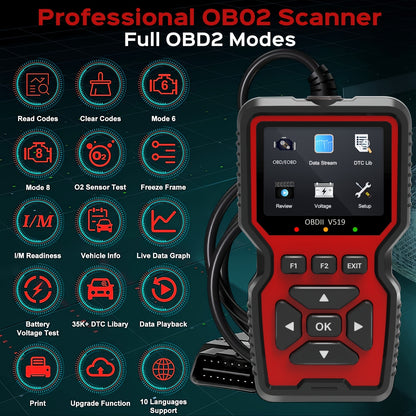 V519 OBD2 Scanner - Advanced diagnostic tool for check engine light, live data, and emissions tests. Works with most vehicles with user-friendly interface and comprehensive display.