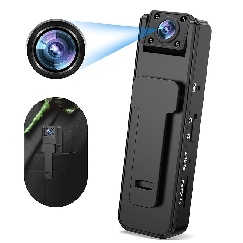 Mini wireless hidden camera with infrared night vision for sports, meetings, transportation, travel, and sports recording. 1080p video capture, USB rechargeable battery, and adjustable