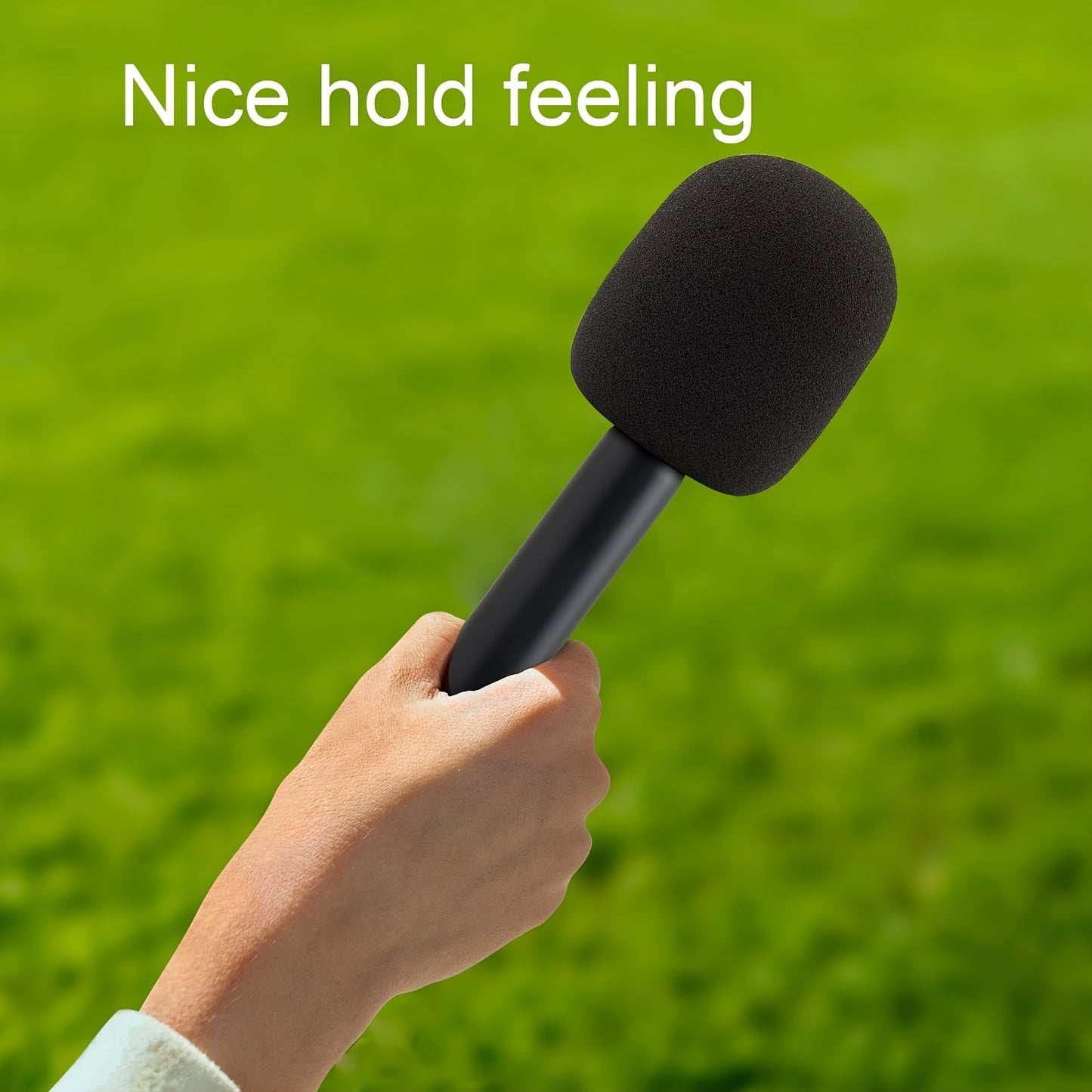 Wireless handheld microphone grip with adapter for interviews.